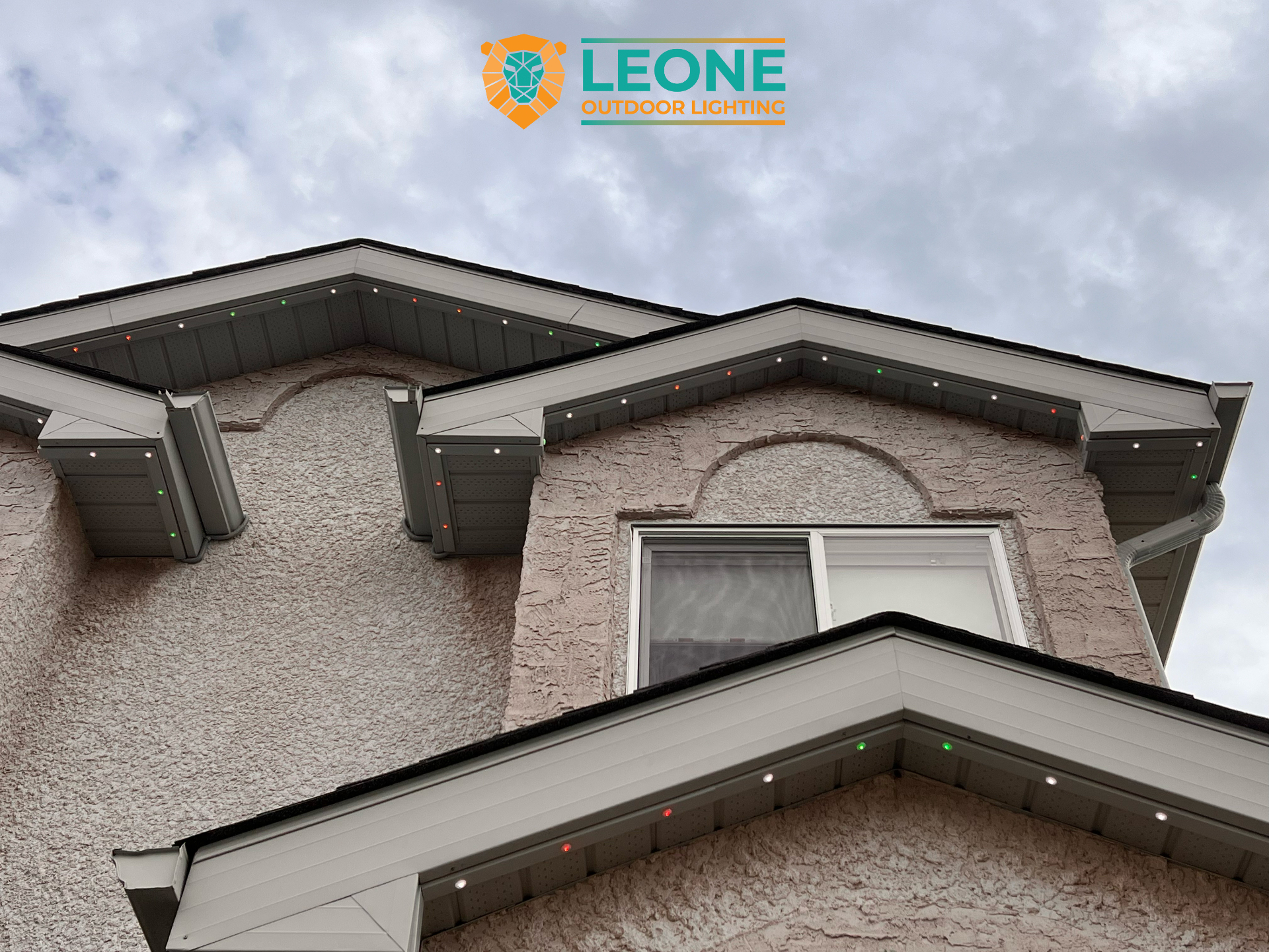 Close-up of permanent LED soffit lighting installed on a Winnipeg home by Leone Outdoor Lighting