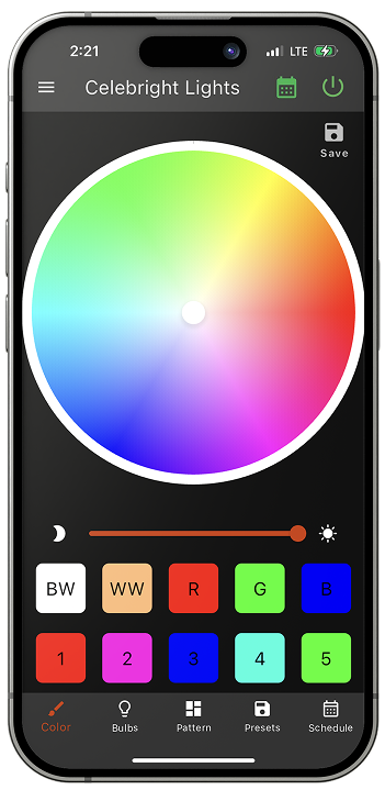 Celebright mobile app showing lighting controls